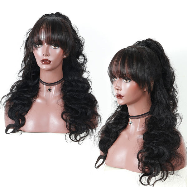 Brazilian Body Wave 360 Lace Frontal Wig with Bangs and Lightly Bleached Knots - Exotic Hair Shop