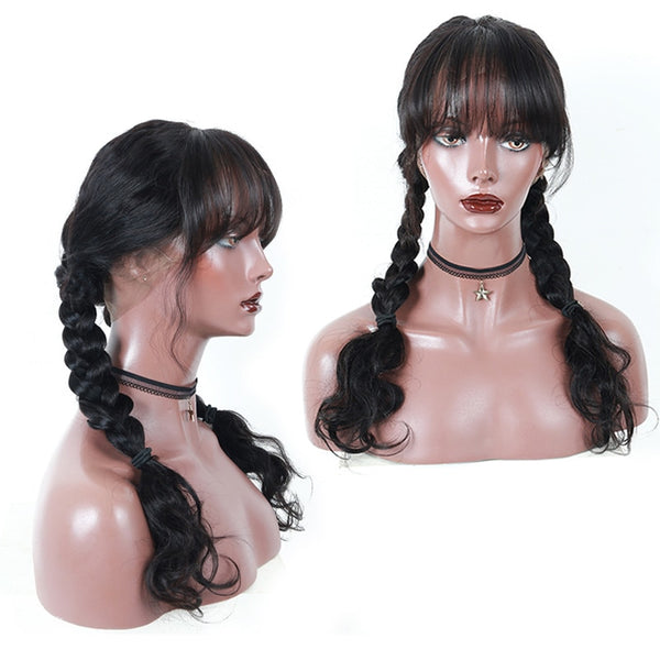 Brazilian Body Wave 360 Lace Frontal Wig with Bangs and Lightly Bleached Knots - Exotic Hair Shop