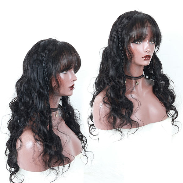 Brazilian Body Wave 360 Lace Frontal Wig with Bangs and Lightly Bleached Knots - Exotic Hair Shop