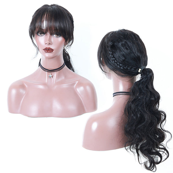 Brazilian Body Wave 360 Lace Frontal Wig with Bangs and Lightly Bleached Knots - Exotic Hair Shop
